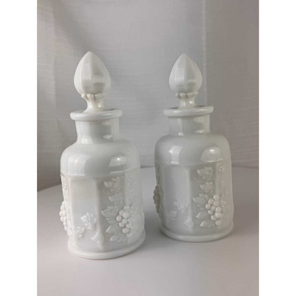 Westmoreland Paneled Grape Milk Glass Perfume Bottles Stoppers Pair PG-75